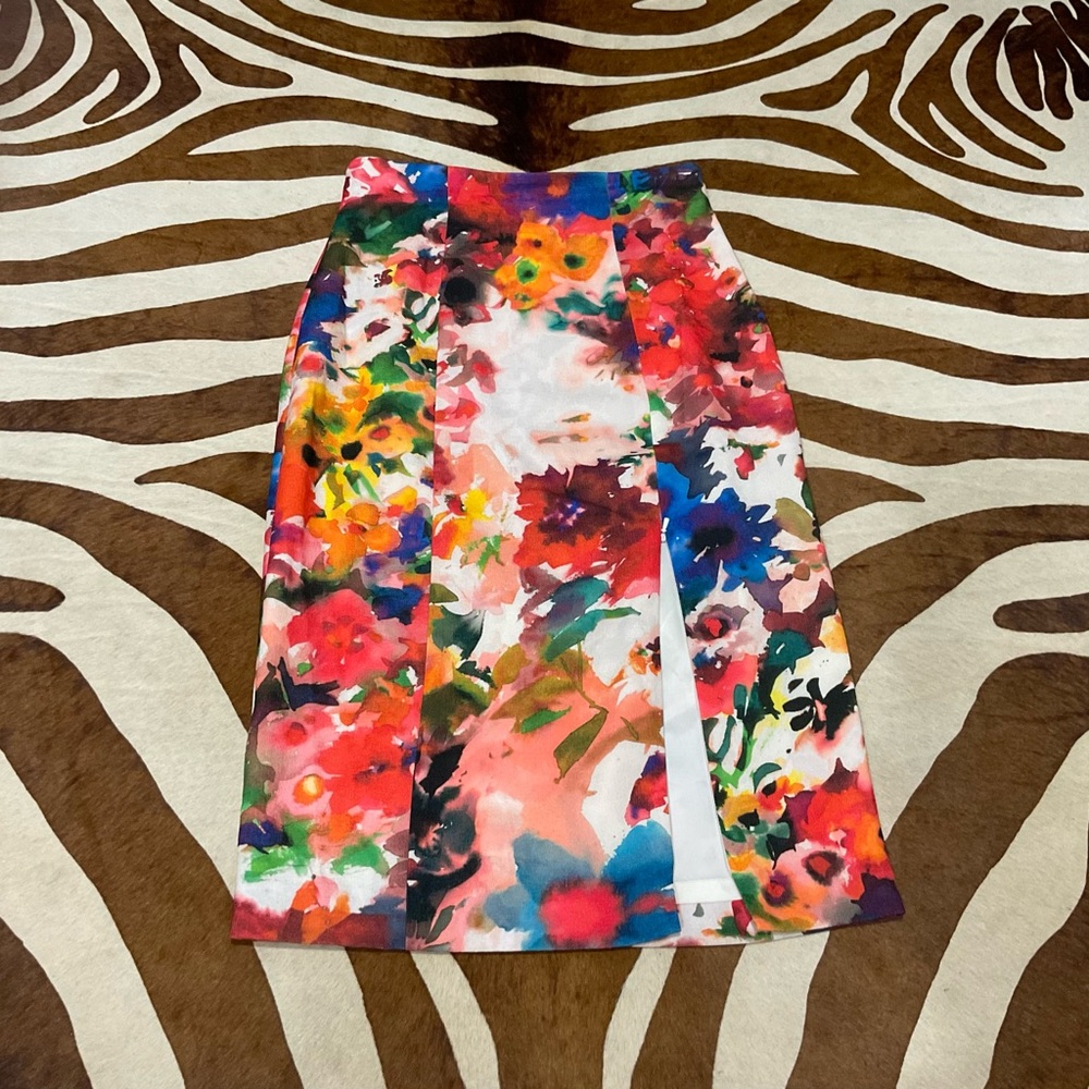 Black Halo Watercolor Bright Floral Pencil Skirt High Waisted Zipper Slit